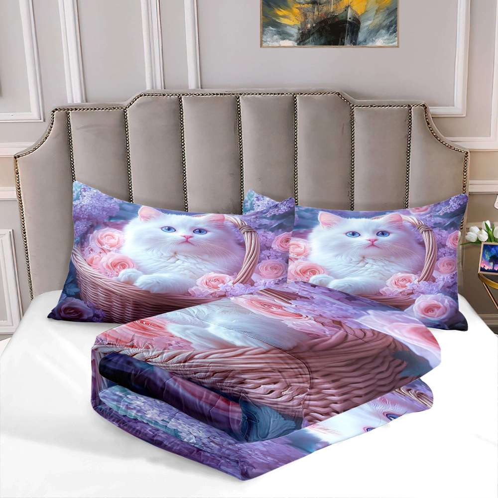 Pink Floral Basket Kitten Comforter Set Girls Room Decor | CozyLil