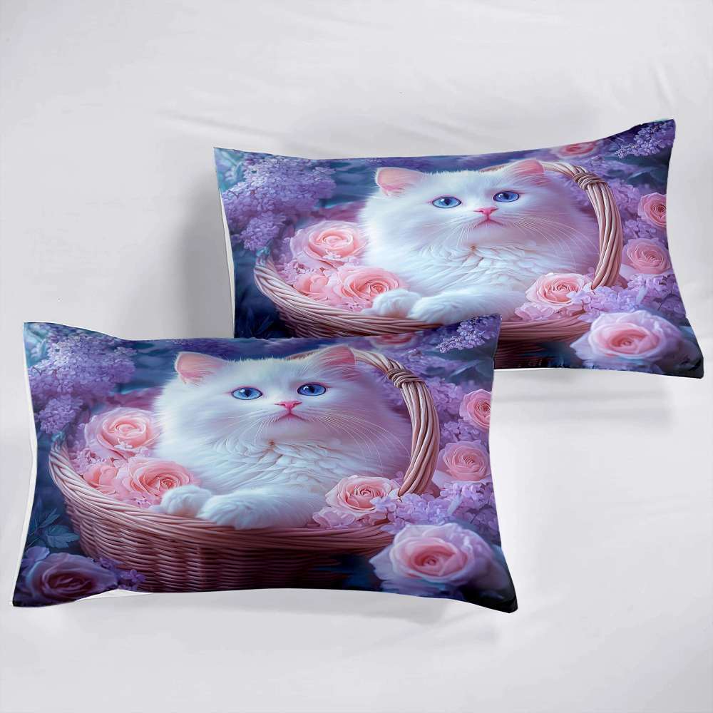 Pink Floral Basket Kitten Comforter Set Girls Room Decor | CozyLil