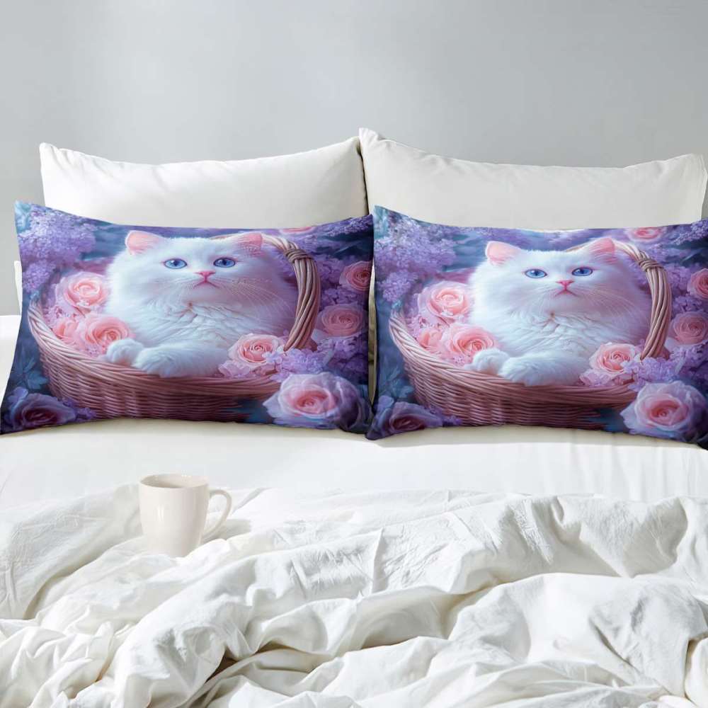 Pink Floral Basket Kitten Comforter Set Girls Room Decor | CozyLil
