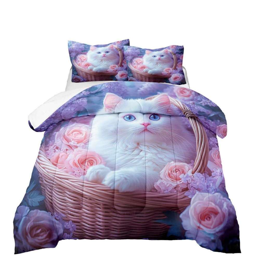 Pink Floral Basket Kitten Comforter Set Girls Room Decor | CozyLil