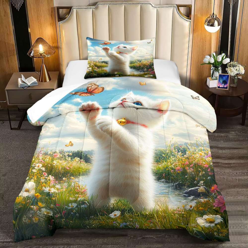 Playful Kitten Catching Butterflies Comforter Set Kids Room | CozyLil