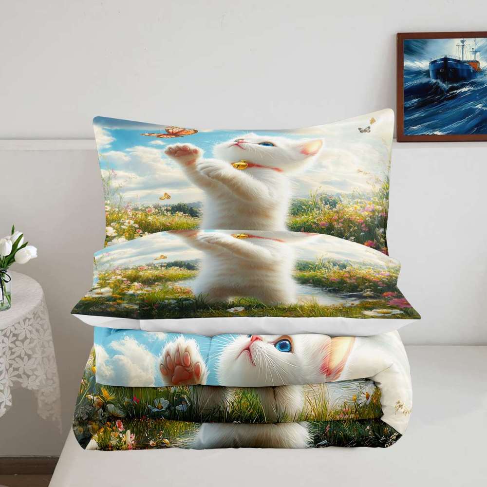 Playful Kitten Catching Butterflies Comforter Set Kids Room | CozyLil