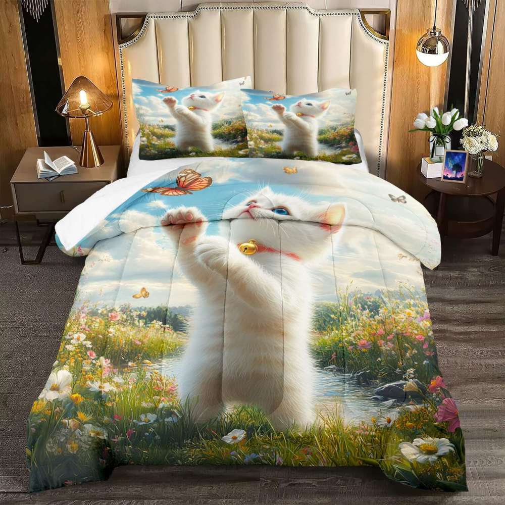 Playful Kitten Catching Butterflies Comforter Set Kids Room | CozyLil