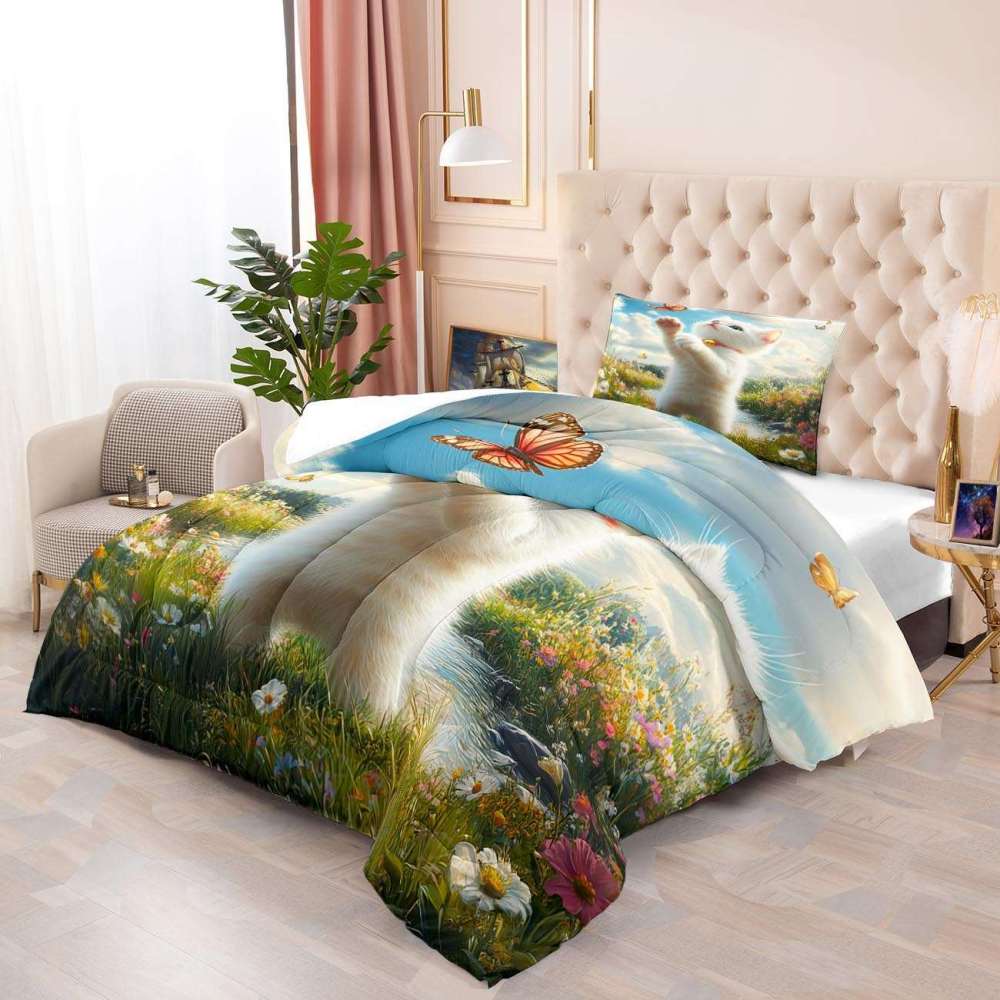 Playful Kitten Catching Butterflies Comforter Set Kids Room | CozyLil