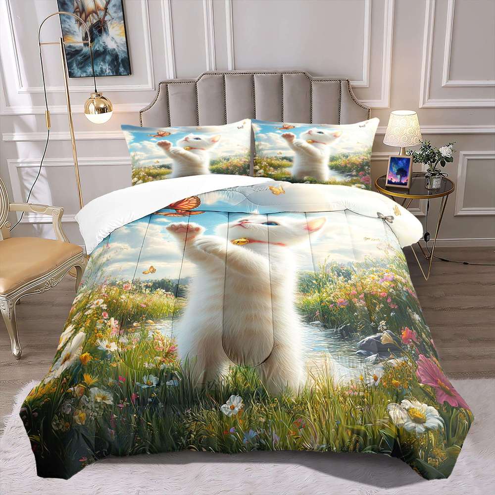 Playful Kitten Catching Butterflies Comforter Set Kids Room | CozyLil