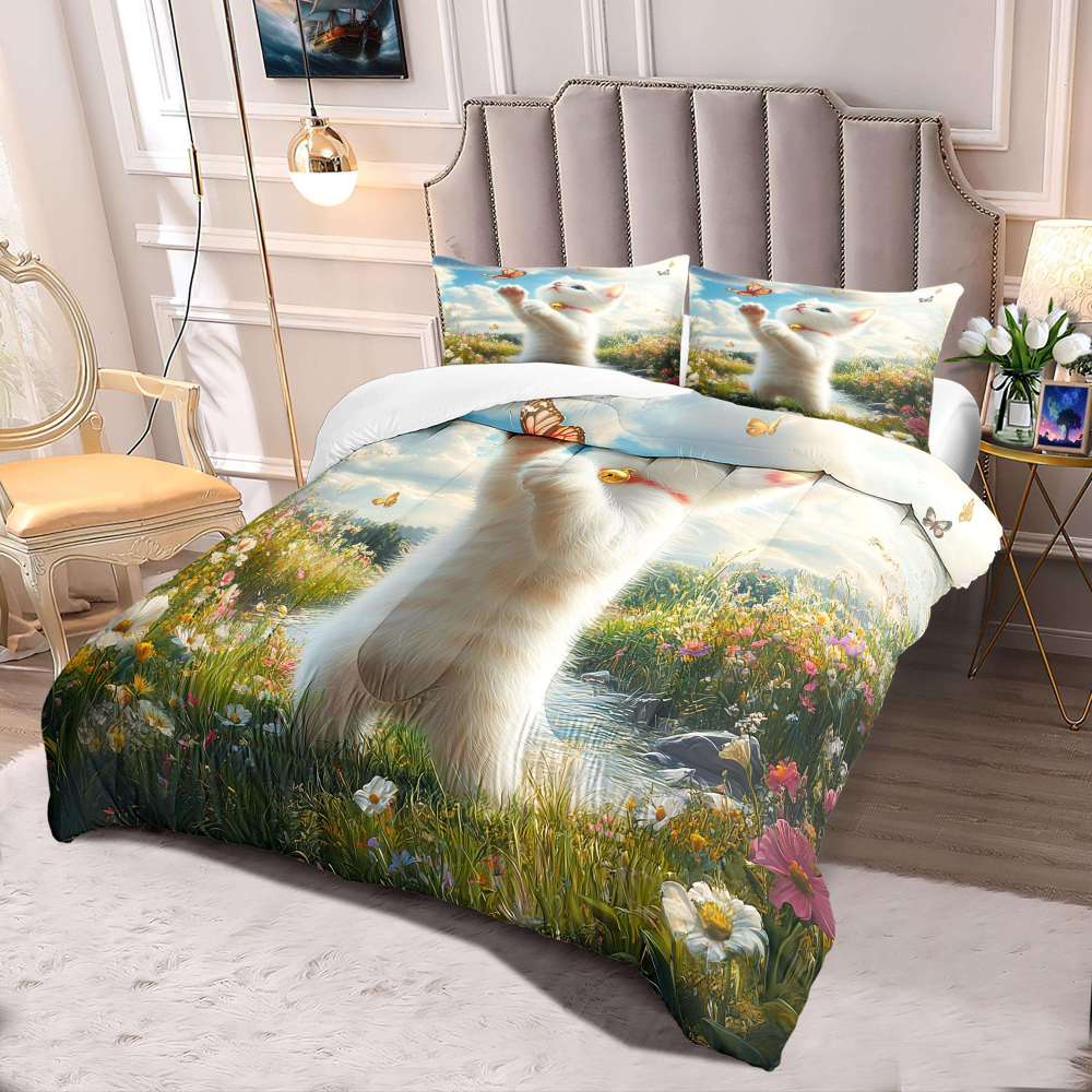 Playful Kitten Catching Butterflies Comforter Set Kids Room | CozyLil
