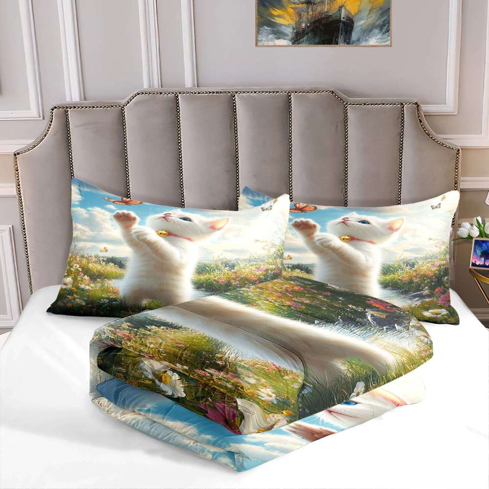 Playful Kitten Catching Butterflies Comforter Set Kids Room | CozyLil