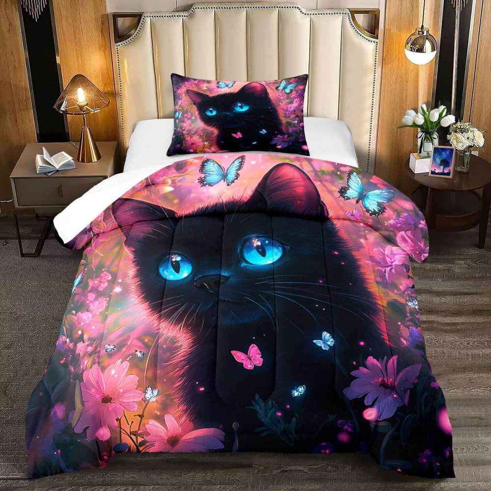 Neon Floral Blue-Eyed Black Cat Comforter Set Teen Bedding | CozyLil
