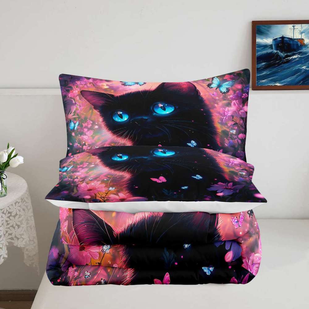 Neon Floral Blue-Eyed Black Cat Comforter Set Teen Bedding | CozyLil
