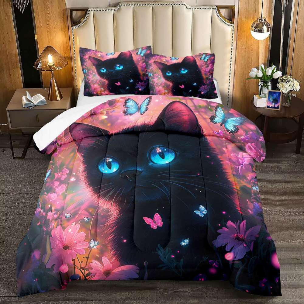 Neon Floral Blue-Eyed Black Cat Comforter Set Teen Bedding | CozyLil
