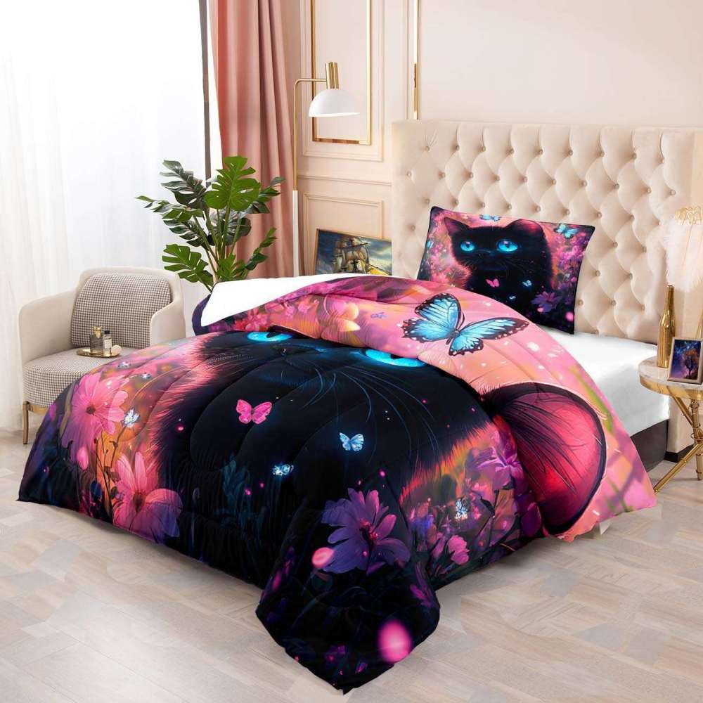 Neon Floral Blue-Eyed Black Cat Comforter Set Teen Bedding | CozyLil