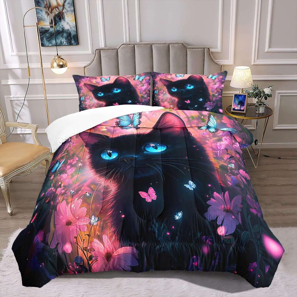 Neon Floral Blue-Eyed Black Cat Comforter Set Teen Bedding | CozyLil