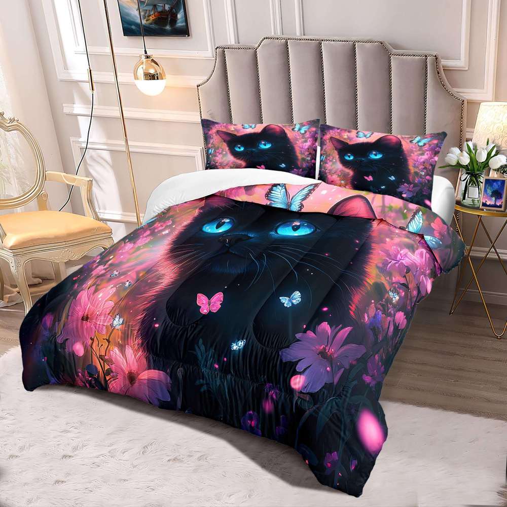 Neon Floral Blue-Eyed Black Cat Comforter Set Teen Bedding | CozyLil