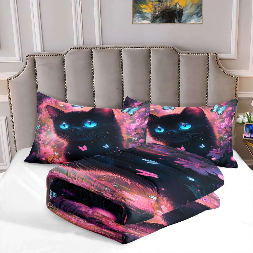 Neon Floral Blue-Eyed Black Cat Comforter Set Teen Bedding | CozyLil