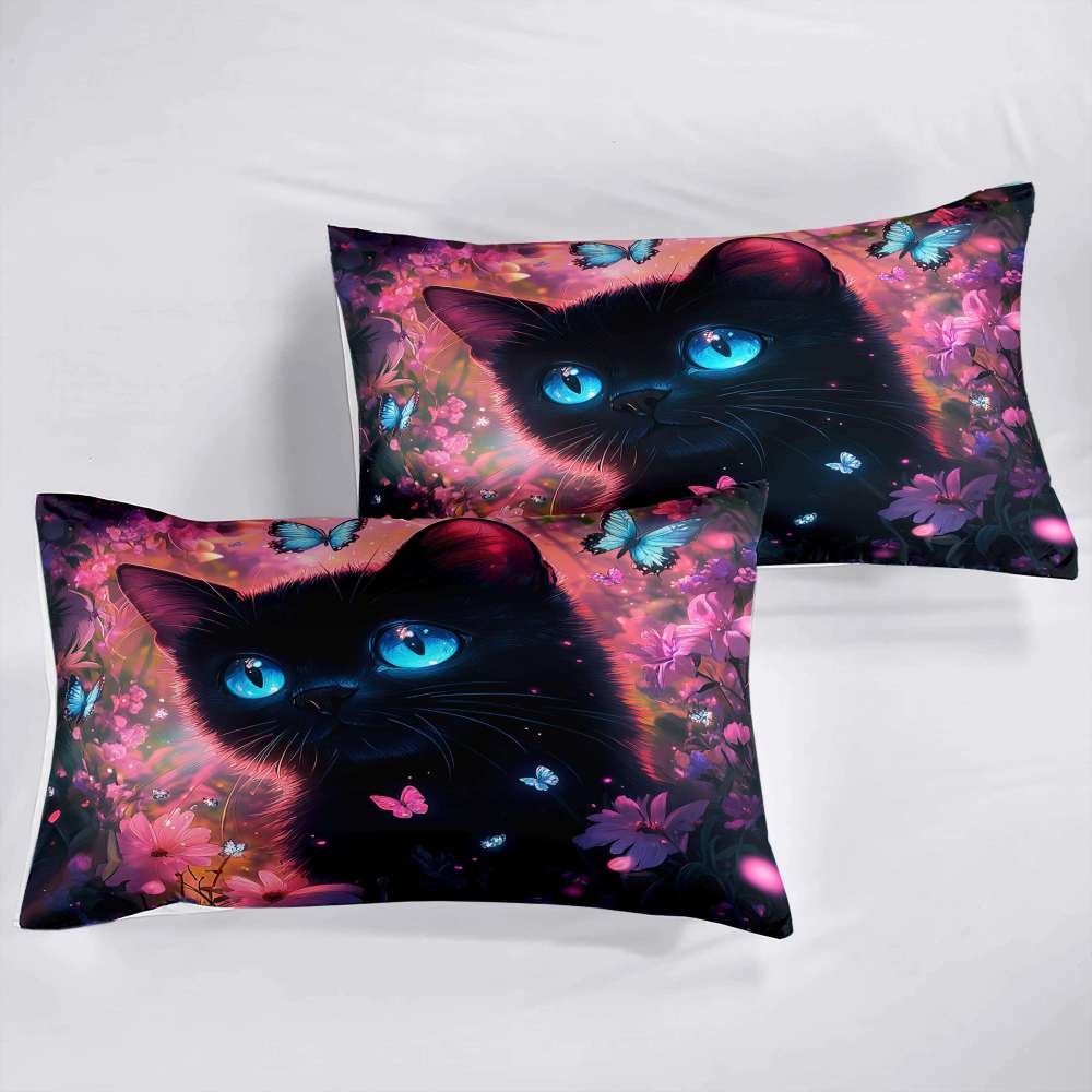 Neon Floral Blue-Eyed Black Cat Comforter Set Teen Bedding | CozyLil