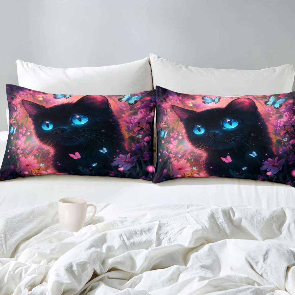 Neon Floral Blue-Eyed Black Cat Comforter Set Teen Bedding | CozyLil