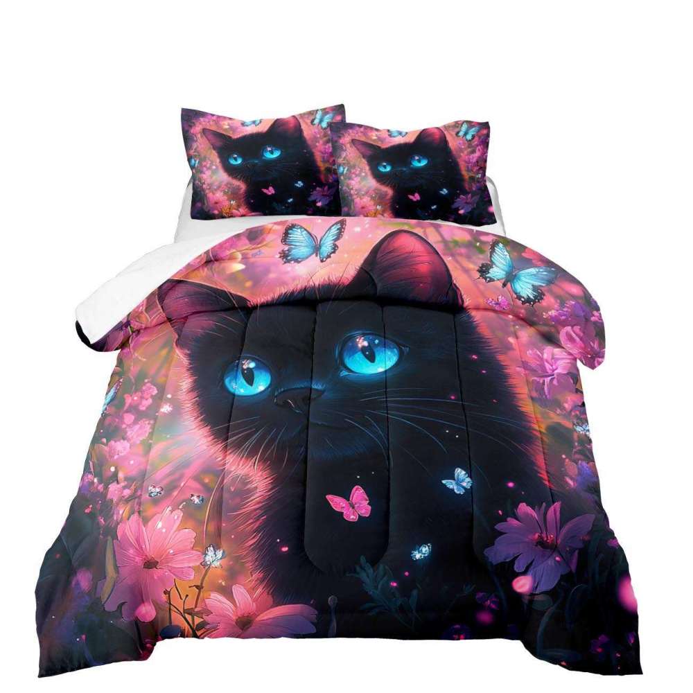 Neon Floral Blue-Eyed Black Cat Comforter Set Teen Bedding | CozyLil