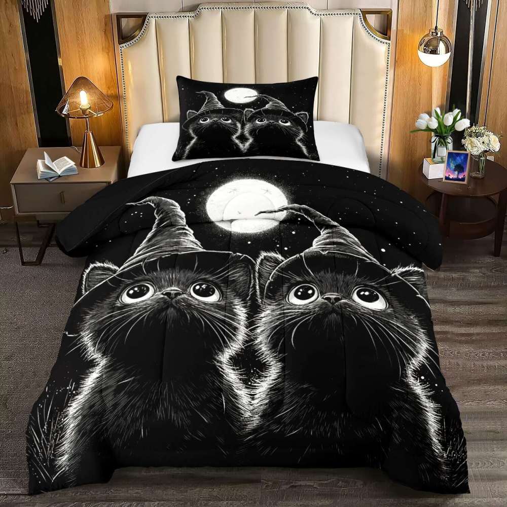 Midnight Witch Cats Comforter Set Halloween Bedding | CozyLil