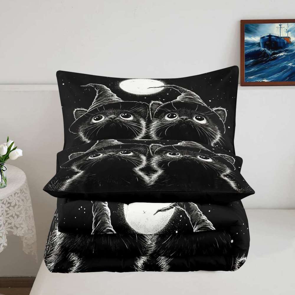 Midnight Witch Cats Comforter Set Halloween Bedding | CozyLil