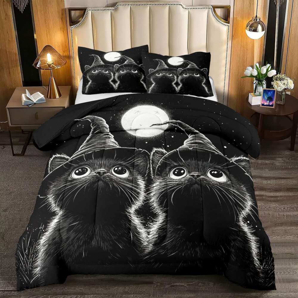 Midnight Witch Cats Comforter Set Halloween Bedding | CozyLil