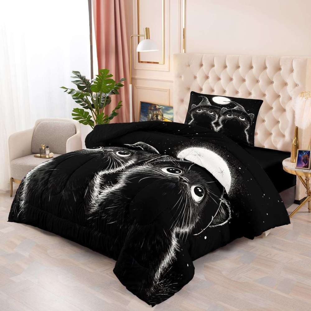 Midnight Witch Cats Comforter Set Halloween Bedding | CozyLil