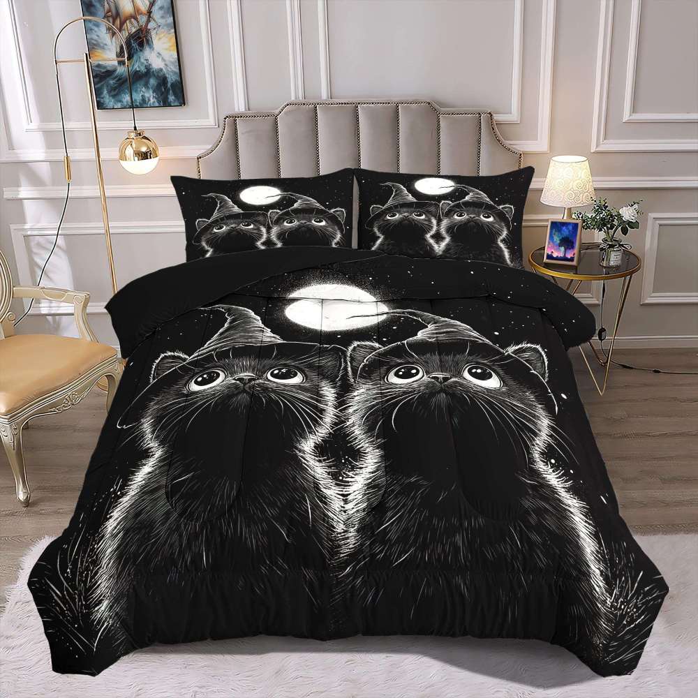 Midnight Witch Cats Comforter Set Halloween Bedding | CozyLil