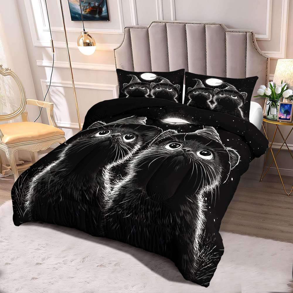 Midnight Witch Cats Comforter Set Halloween Bedding | CozyLil