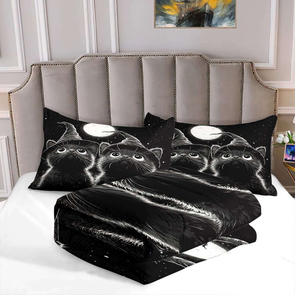 Midnight Witch Cats Comforter Set Halloween Bedding | CozyLil