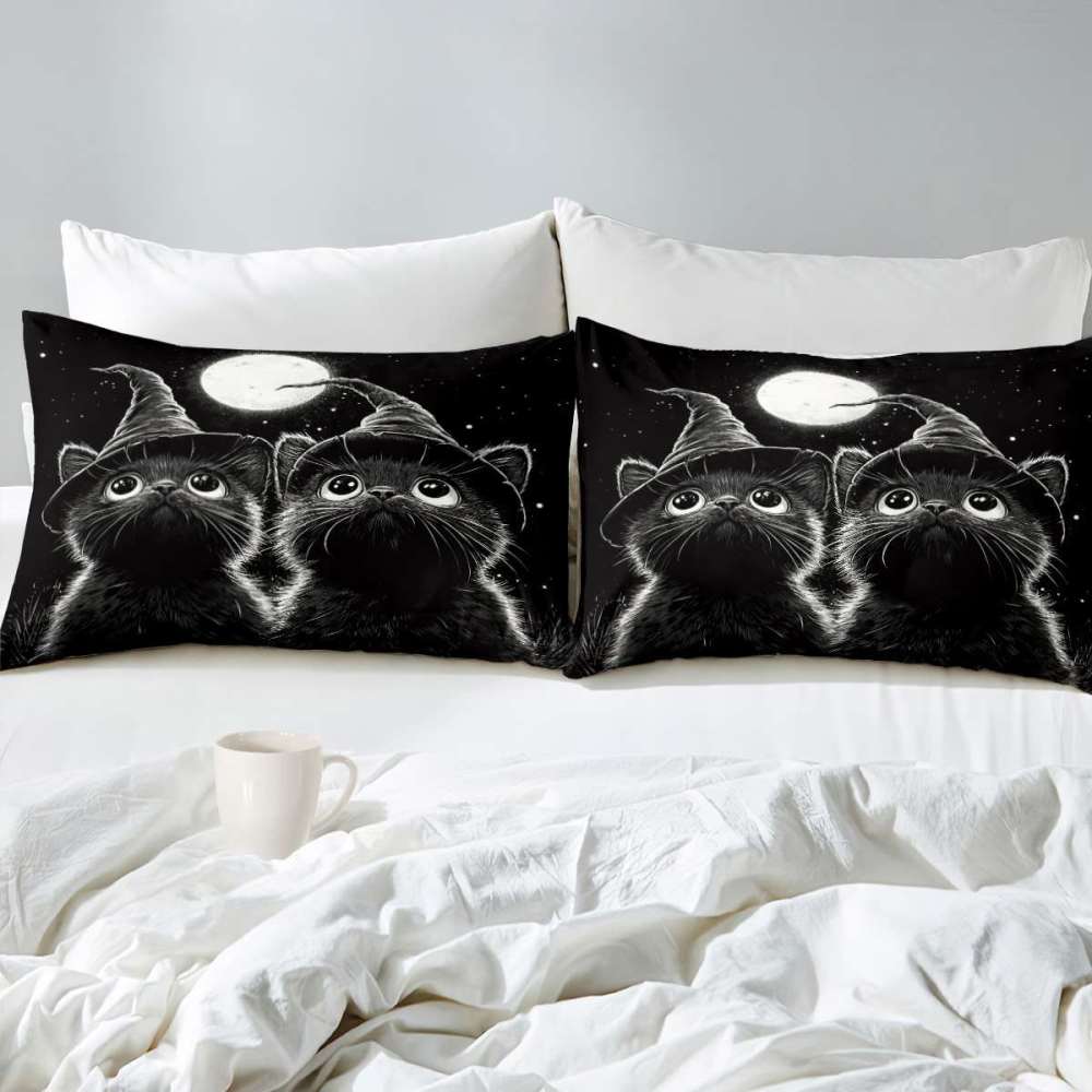 Midnight Witch Cats Comforter Set Halloween Bedding | CozyLil