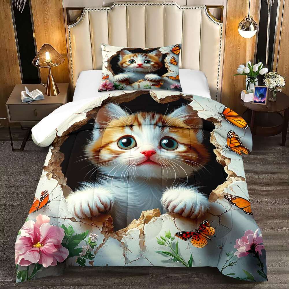 3D Peeking Kitten Butterfly Comforter Set Kids Bedding | CozyLil