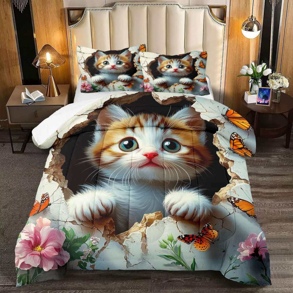 3D Peeking Kitten Butterfly Comforter Set Kids Bedding | CozyLil