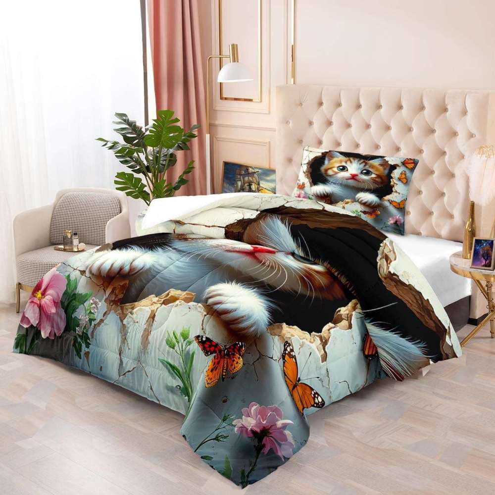 3D Peeking Kitten Butterfly Comforter Set Kids Bedding | CozyLil