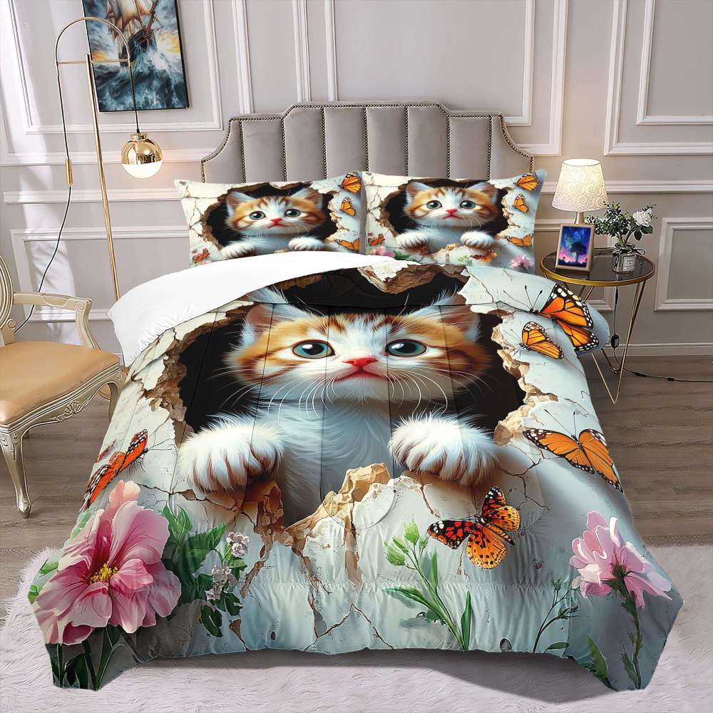 3D Peeking Kitten Butterfly Comforter Set Kids Bedding | CozyLil