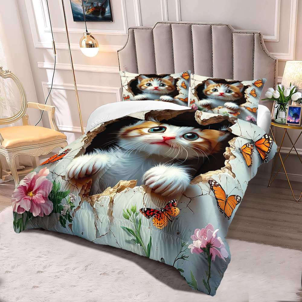 3D Peeking Kitten Butterfly Comforter Set Kids Bedding | CozyLil