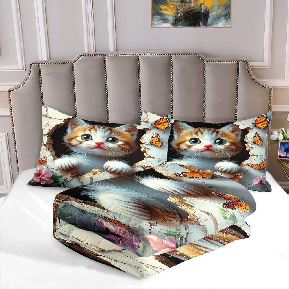 3D Peeking Kitten Butterfly Comforter Set Kids Bedding | CozyLil