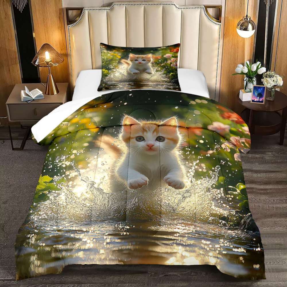Splashing Tabby Kitten Water Comforter Set Kids Room | CozyLil