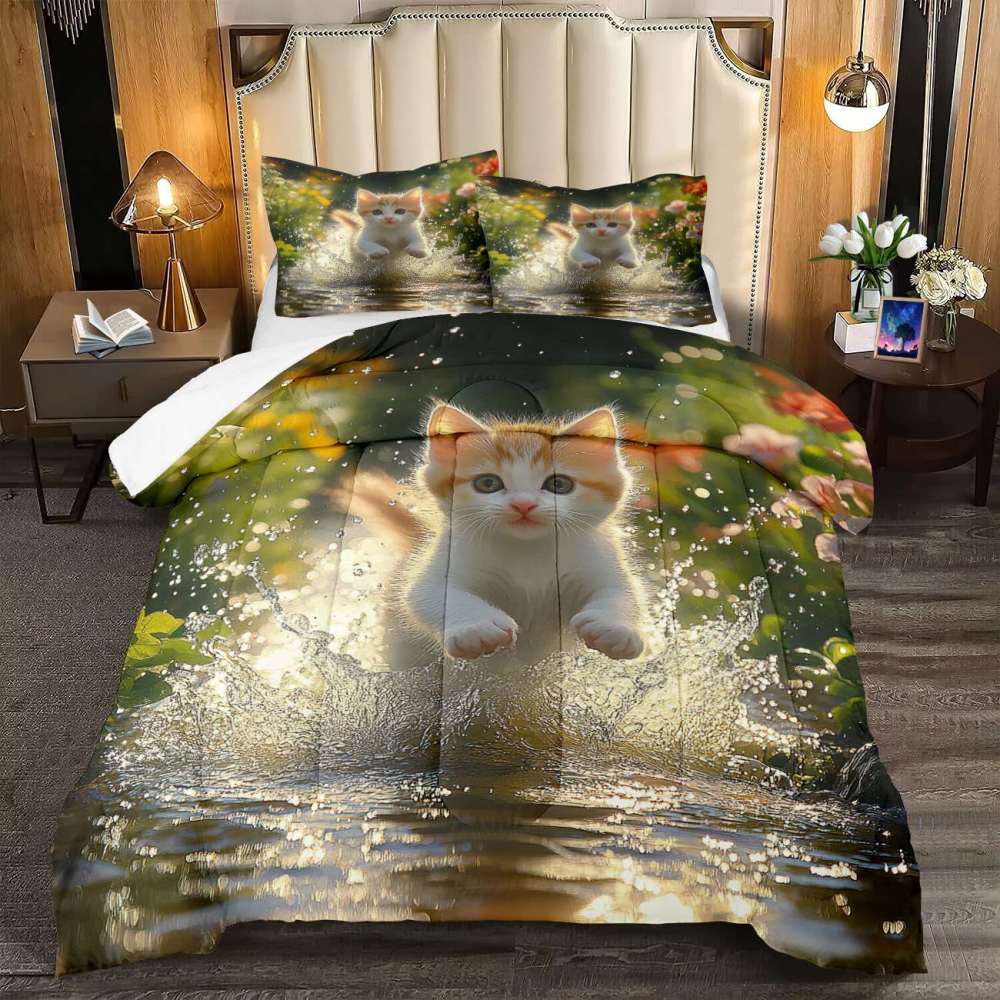 Splashing Tabby Kitten Water Comforter Set Kids Room | CozyLil