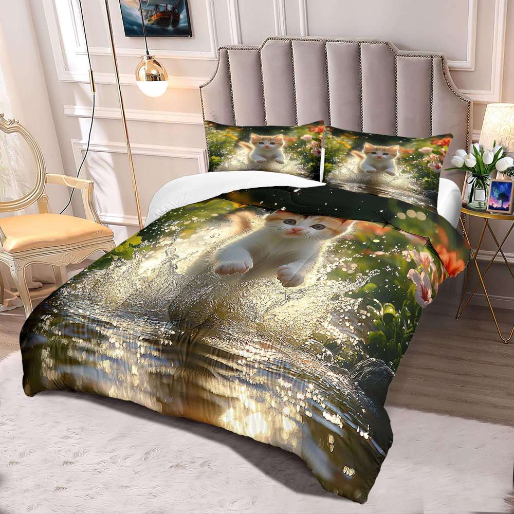 Splashing Tabby Kitten Water Comforter Set Kids Room | CozyLil