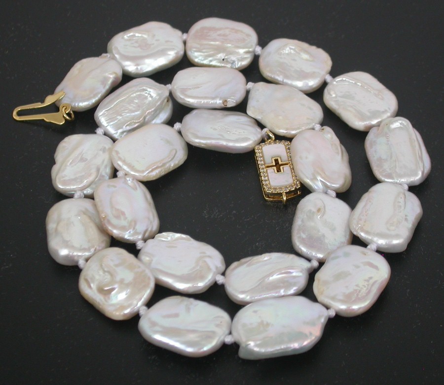 Luster 18" 16mm natural oblong coin white freshwater pearls Strand necklace