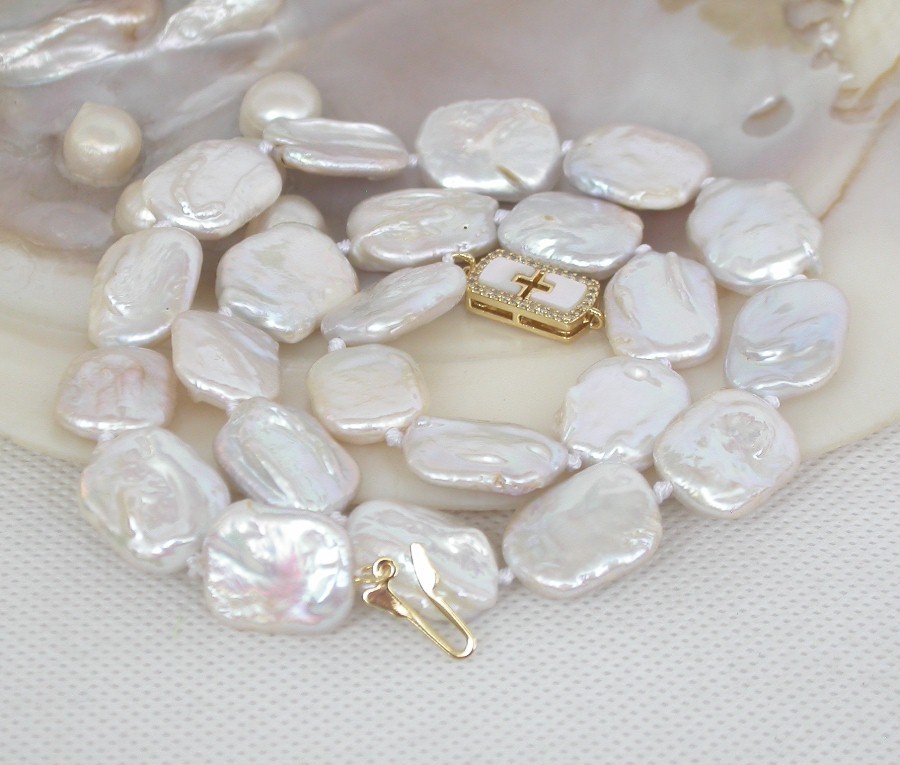 Luster 18" 16mm natural oblong coin white freshwater pearls Strand necklace