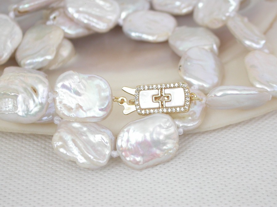 Luster 18" 16mm natural oblong coin white freshwater pearls Strand necklace