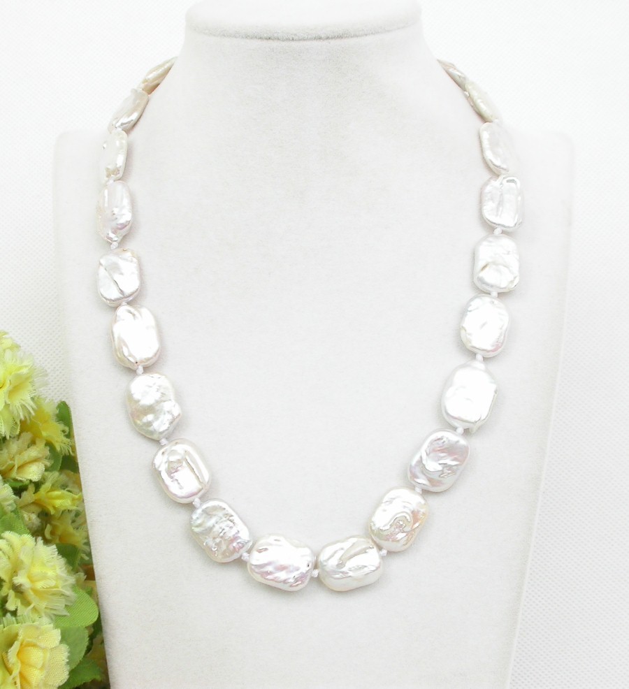 Luster 18" 16mm natural oblong coin white freshwater pearls Strand necklace