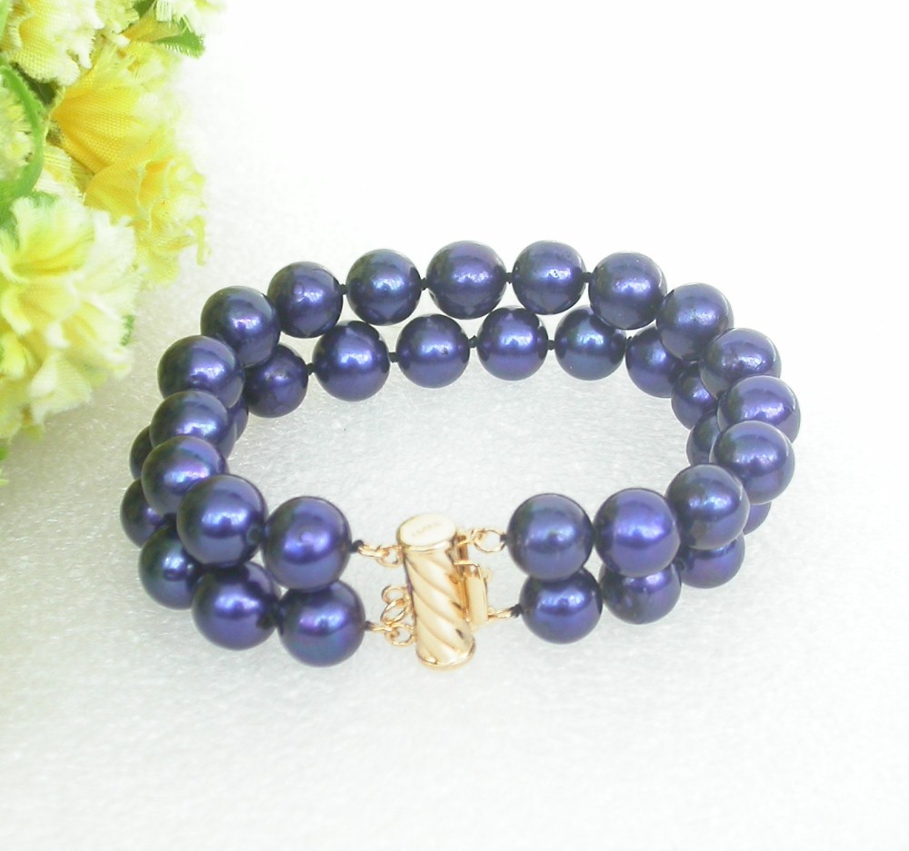 8" 2row 11mm round navy blue freshwater pearls bead Multi Strand Bracelet c2414