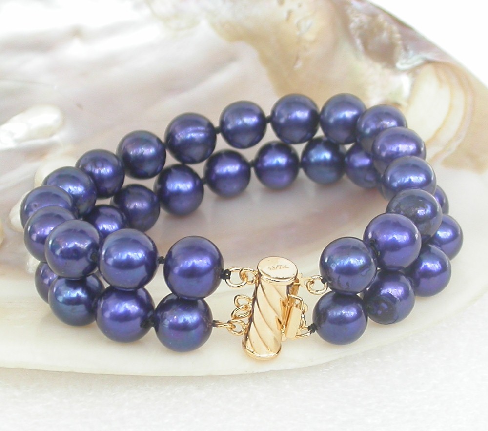 8" 2row 11mm round navy blue freshwater pearls bead Multi Strand Bracelet c2414