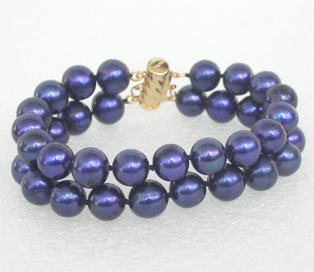 8" 2row 11mm round navy blue freshwater pearls bead Multi Strand Bracelet c2414