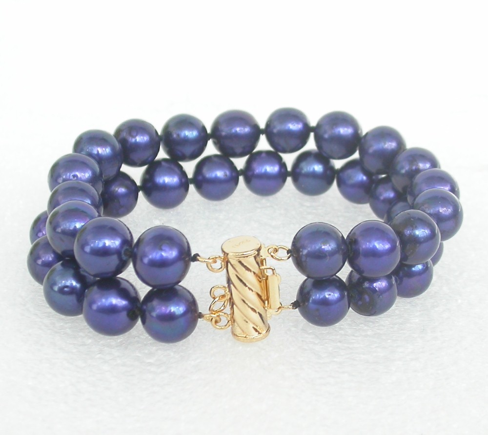 8" 2row 11mm round navy blue freshwater pearls bead Multi Strand Bracelet c2414