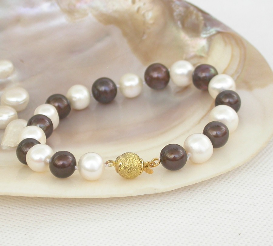 Genuine 8" 10mm round white coffee Multicolor freshwater pearls beads Bracelet