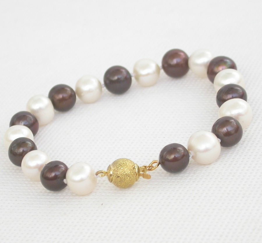 Genuine 8" 10mm round white coffee Multicolor freshwater pearls beads Bracelet