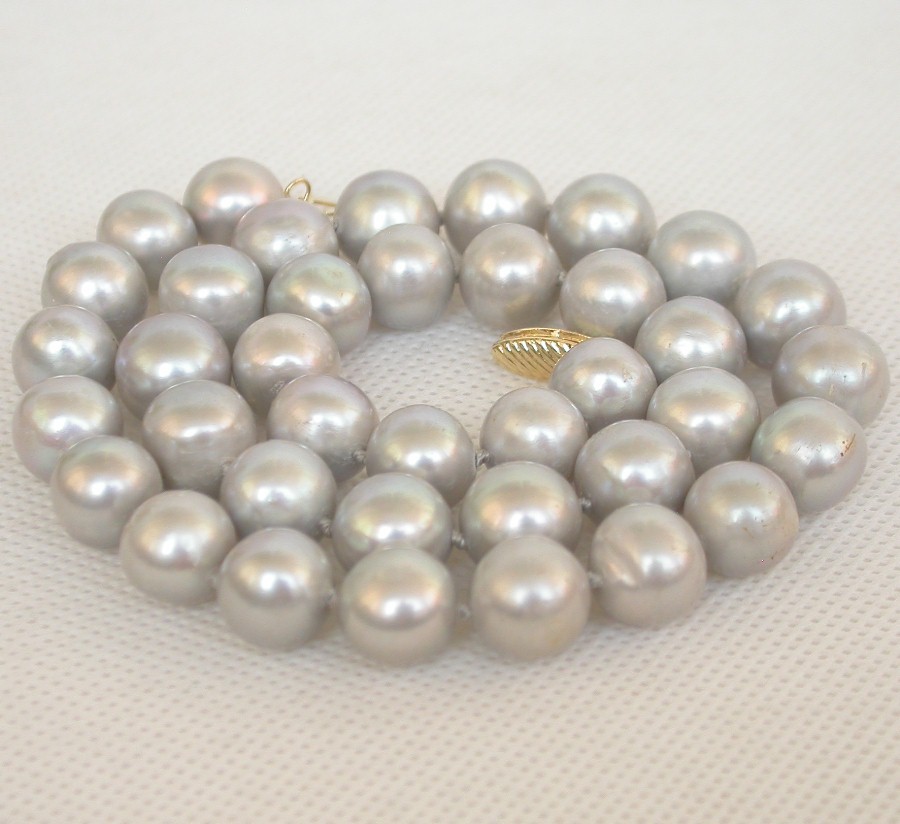 Genuine 17.5" 12mm round gray freshwater pearls beads Strand necklace c2457