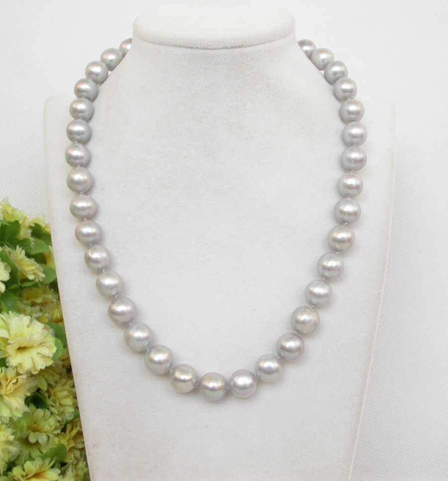 Genuine 17.5" 12mm round gray freshwater pearls beads Strand necklace c2457